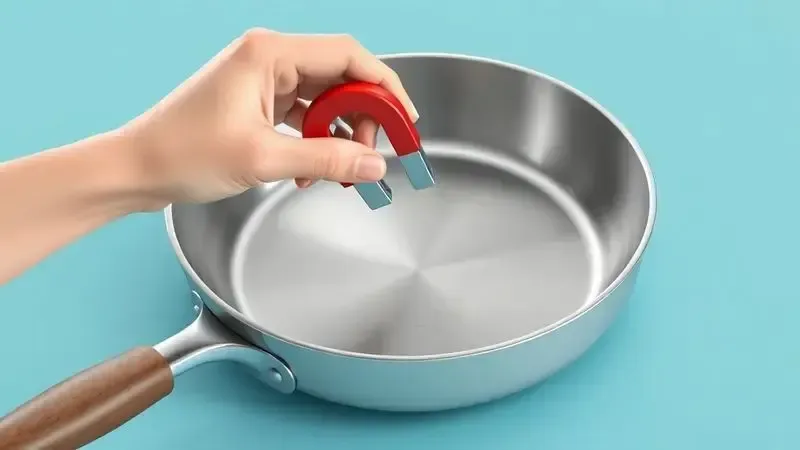 Ilustração do teste do ímã para verificar compatibilidade de panela com fogão de indução.