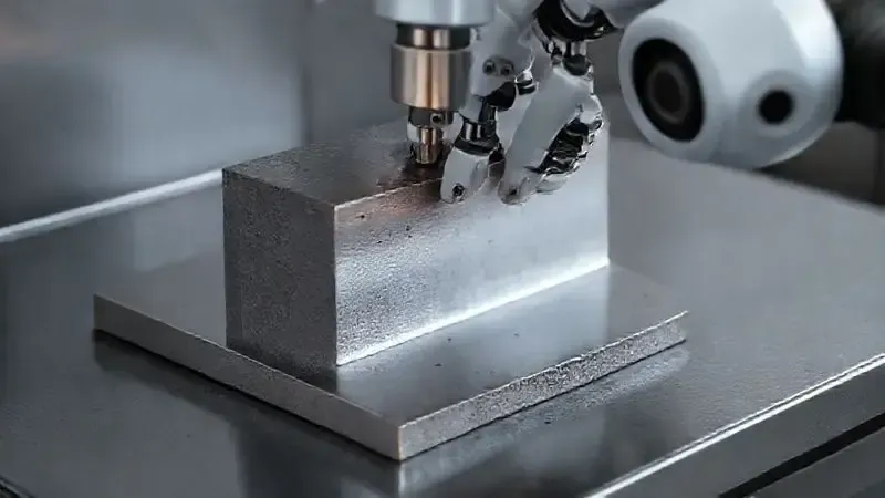 Ilustração conceitual de um material metálico resistente sendo testado, simbolizando a durabilidade do fogão.