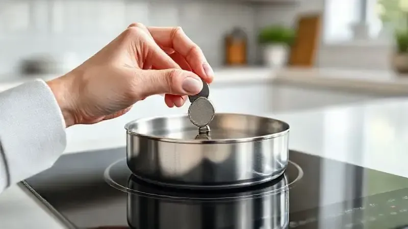 Ilustração mostrando o teste da base de uma panela com um ímã para verificar o material ferromagnético, essencial para cooktops de indução.