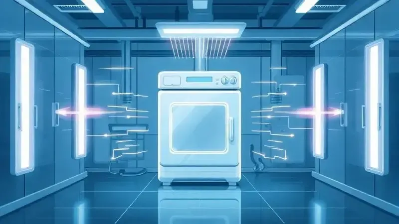 Ilustração digital de um laboratório de testes de qualidade e segurança submetendo um eletrodoméstico a rigorosas verificações.