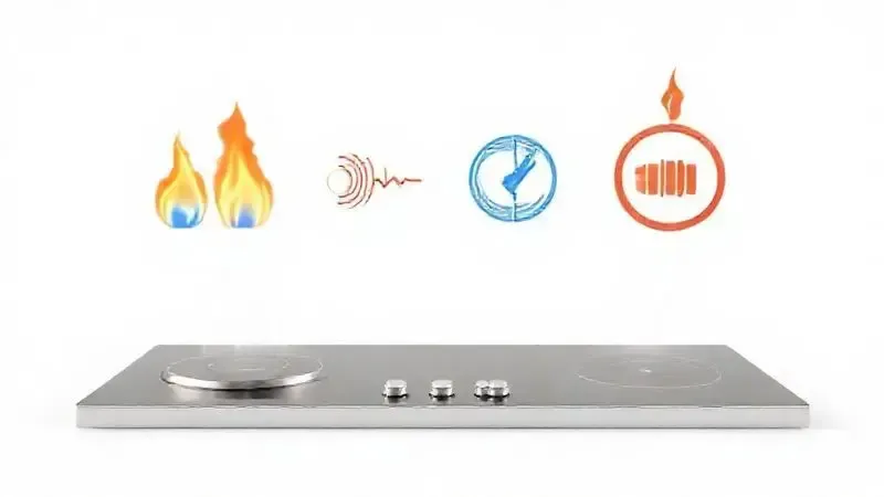 Render conceitual de quatro símbolos de energia representando os diferentes tipos de alimentação de cooktops (gás, indução, elétrico, híbrido).