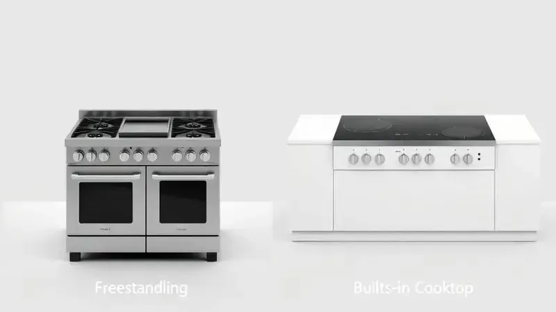 Comparativo visual em 3D dos principais tipos de fogões 5 bocas, como de piso e cooktop de embutir.
