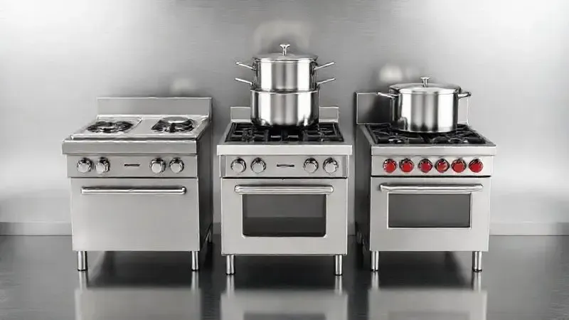 Render conceitual de diferentes tipos de equipamentos e fogões industriais em uma bancada de aço.
