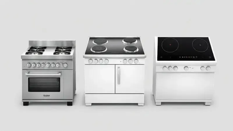 Render conceitual mostrando diferentes tipos de fogões 4 bocas: de piso, cooktop a gás e cooktop por indução.