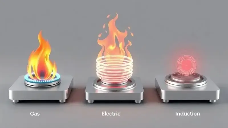 Representação visual dos três tipos de fogão: a gás, elétrico e por indução, mostrando características conceituais de cada tecnologia