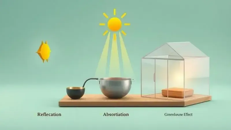 Ilustração conceitual dos três princípios do fogão solar: reflexão, absorção e efeito estufa