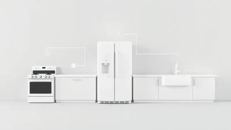 Ilustração conceitual do triângulo de trabalho na cozinha otimizando posição de fogão, geladeira e pia