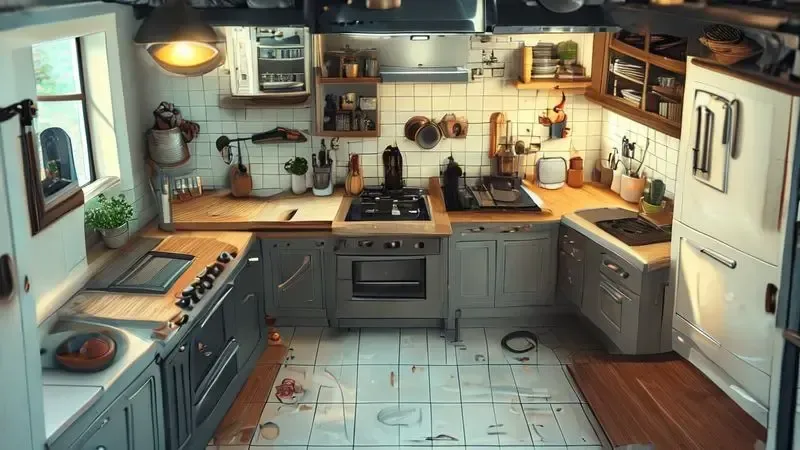 Diagrama do triângulo de trabalho na cozinha com cooktop entre pia e geladeira para fluxo eficiente