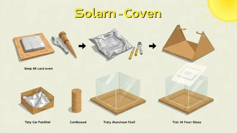 Ilustração passo a passo da construção de um fogão solar caseiro com materiais simples