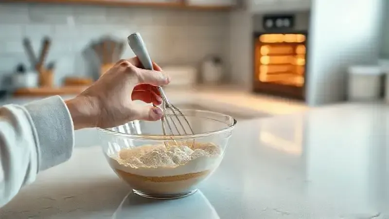 Ilustração artística de uma pessoa misturando massa em uma cozinha, simbolizando o uso de adoçantes para receitas de forno e fogão.