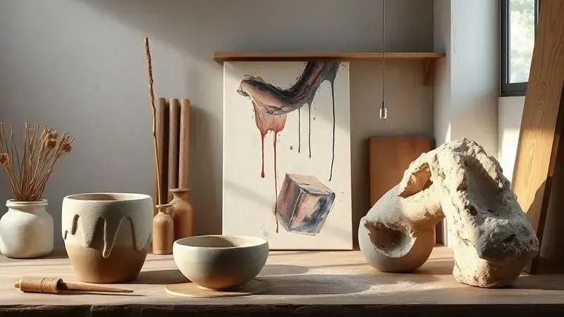 Render 3D ilustrando uso criativo de cinzas em cerâmica, pintura e escultura contemporânea em ateliê artístico.