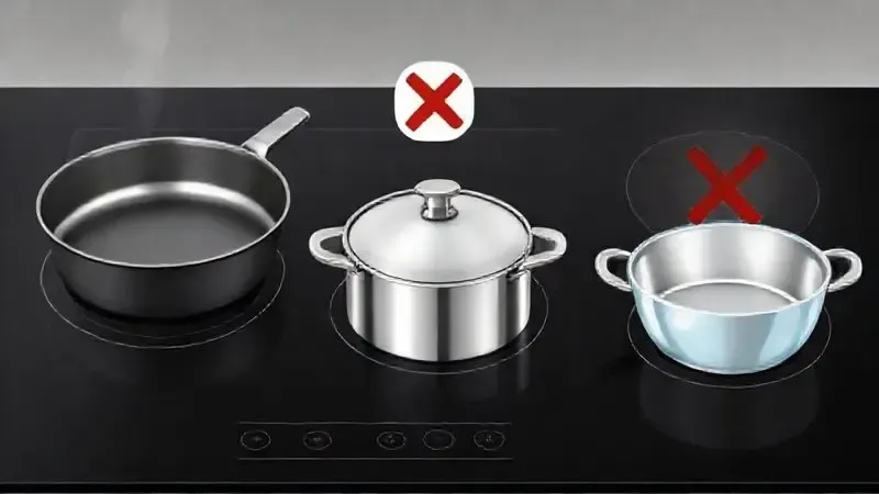 Ilustração mostrando quais tipos de panelas e utensílios são proibidos ou inadequados para uso em um cooktop.