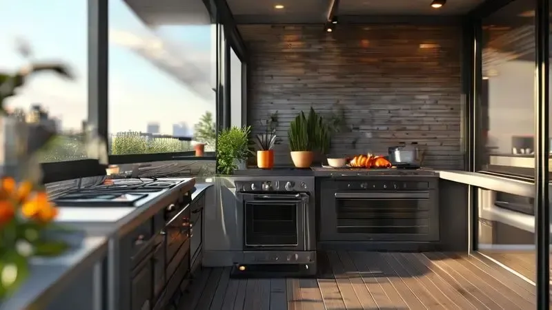 Cena ilustrativa de apartamento moderno com churrasqueira de fogão sendo usada na varanda sem fumaça ou bagunça