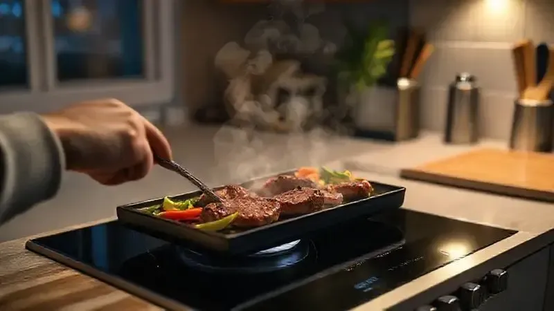 Pessoa grelhando carne e vegetais em churrasqueira de fogão em uma cozinha moderna e aconchegante, destacando o uso interno.