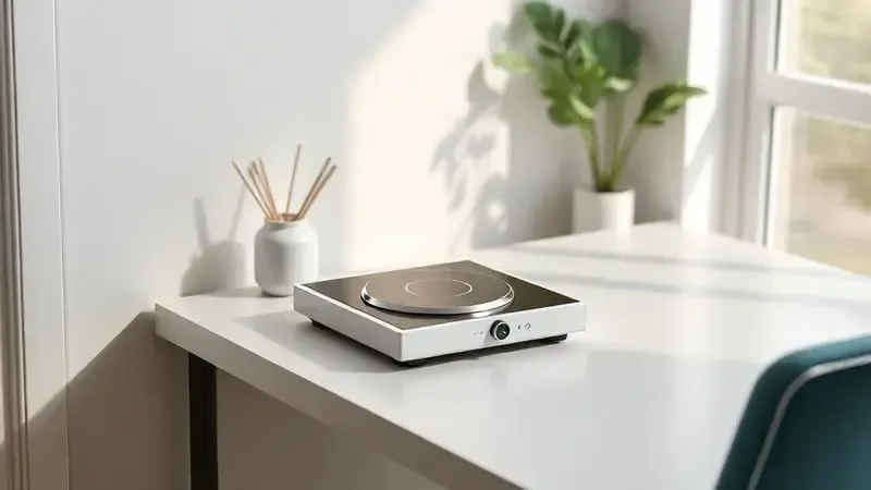 Ilustração conceitual mostrando um cooktop de indução compacto em um ambiente pequeno, simbolizando economia de espaço e portabilidade.