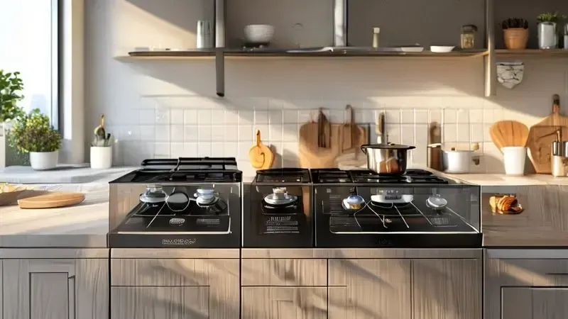 Ilustração conceitual das cinco principais vantagens dos fogões com mesa de vidro para cozinha moderna