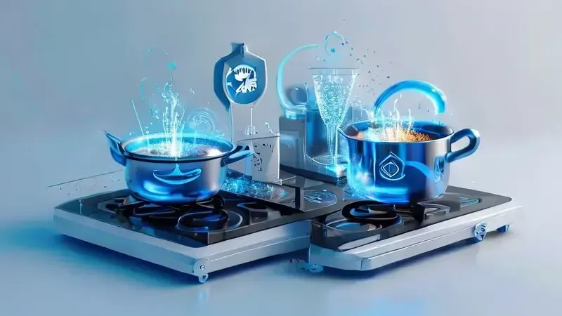 Ilustração conceitual mostrando vantagens do cooktop por indução: rapidez, segurança e facilidade de limpeza.
