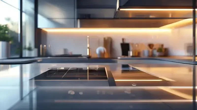 Fogão com mesa de vidro temperado integrado em cozinha moderna com design limpo e elegante