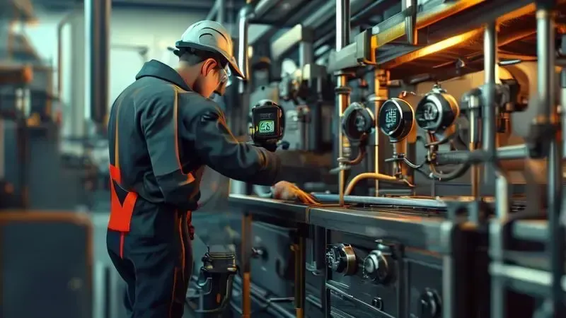 Técnico verificando vazamentos de gás em conexões de fogão industrial com detector de segurança.