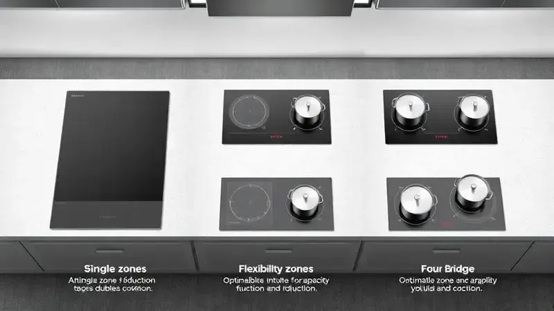 Ilustração conceitual mostrando diferentes configurações de zonas de aquecimento em cooktops por indução.